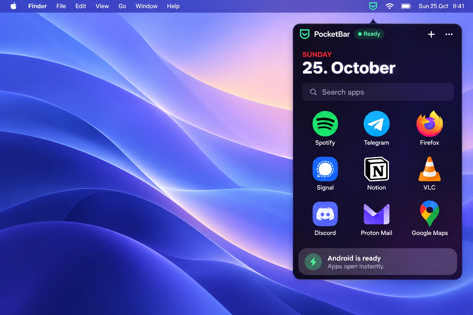 PocketBar Android app launcher with a dark personal home screen and everyday app icons